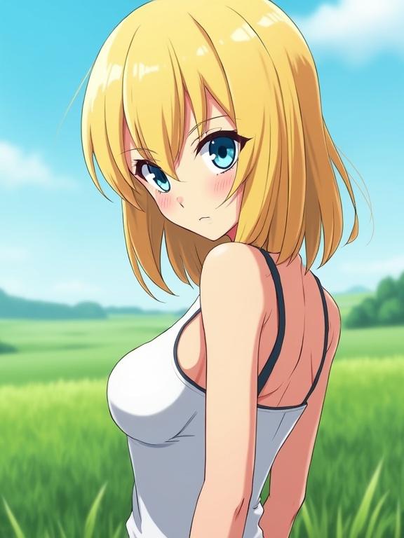 A digital anime illustration shows a character with shoulder-length blonde hair and light blue eyes. The character has a sultry expression with a seductive pose in an outdoor background. The setting features green grass and a blue sky. Stylized anime art emphasizes the character's features with dynamic lighting.