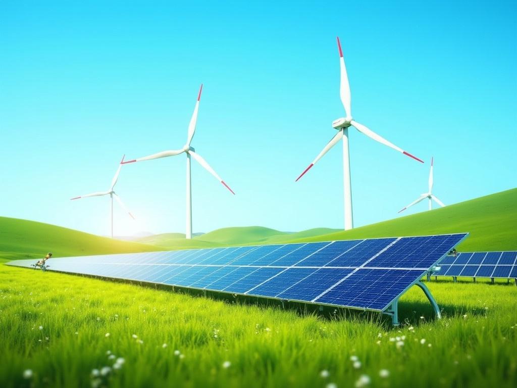 The image depicts a vibrant landscape featuring renewable energy sources. In the foreground, there are several solar panels arranged neatly on a green field, glistening under the clear blue sky. Behind the solar panels, tall wind turbines spin gracefully in the gentle breeze. The scene benefits from bright sunlight, emphasizing the clean and sustainable nature of these energy sources. The background showcases rolling hills, adding to the picturesque setting. It encapsulates the harmony between nature and technology in the quest for clean energy.