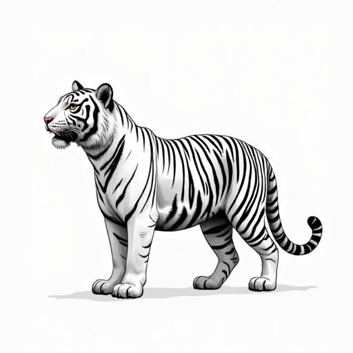 Full body drawing of a white tiger in side view. The tiger is depicted with black stripes and strong muscles. The expression is fierce with sharp eyes. The background is a solid white color highlighting the tiger's form.