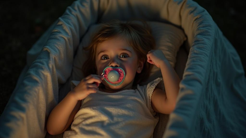 A scene with a child in a casket under subtle lighting. Child has a pacifier, appears tense and scared. Mother smiles and plays with a rattle. Child expresses tears about not wanting to die. Mother speaks about fate. The gravestone is above the child. Lid is closing. Family members are attending the funeral.