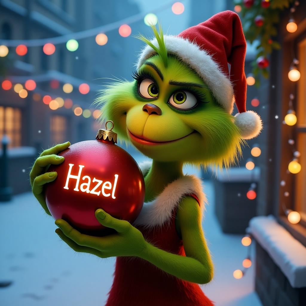 Grinch character holding a Christmas bauble with name Hazel. Snowy background decorated with Christmas lights.