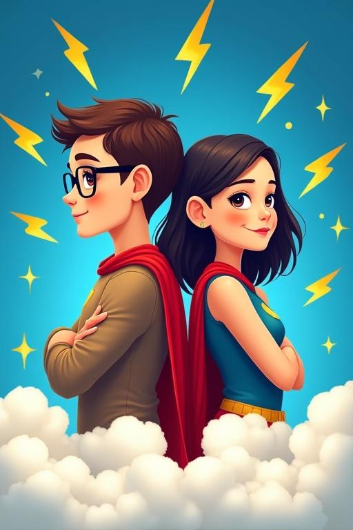 A boy and girl who are ten years old appear happy and intelligent. One child wears glasses. They are back to back and appear as a team. Both are dressed in vibrant superhero costumes. The background is royal blue with yellow lightning bolts and stars. Clouds surround the lower part of their bodies symbolizing strength and determination.