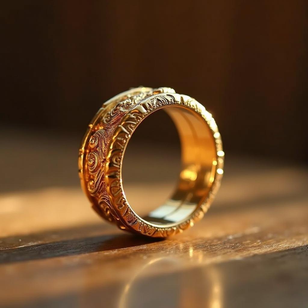 Gold ring with intricate carvings on wooden surface. Warm natural lighting highlights its beauty.