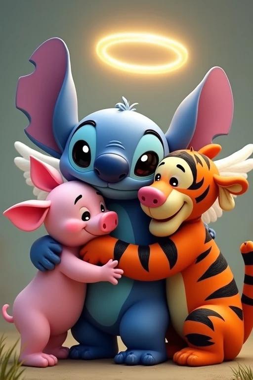 Disney's Stitch with halo and angel wings surrounded by Tigger and Piglet. Stitch is centered and hugged by Tigger and Piglet. Stitch is blue and medium-sized. Tigger is tall with orange and black stripes. Piglet is small and pink. Scene has a semi-realistic style.