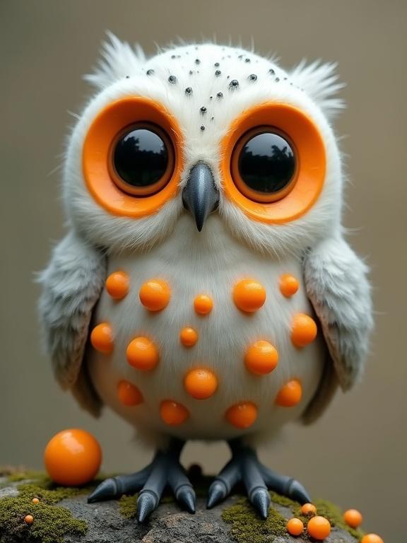 This image shows a small, fantastical owl-like creature with a light gray-white body and large vibrant orange eyes. Its body features glossy orange spherical protrusions, creating a whimsical appearance. The creature stands on a mossy rock with similar orange orbs. The background is a muted beige-gray gradient, highlighting the vivid colors of the owl.
