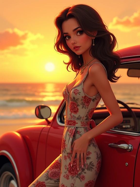 Stylish young woman leans against vintage red car under sunset. She wears floral jumpsuit. Voluminous hair catches light. Scene shows vibrant colors and painterly textures.