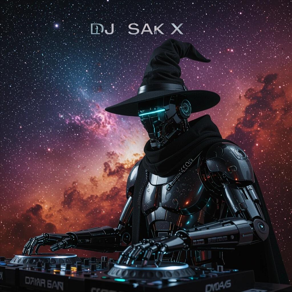 Close up of a dark cyborg DJ in a wizard hat in a cosmic nebula sky. DJ SAX written in small text. No other text present.