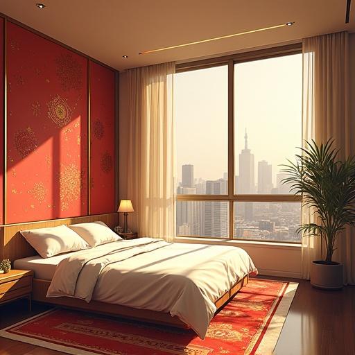Anime scene of a futuristic bedroom. Setting in oversized old apartment. Light gold and onyx black colors dominate. Furnished with golden lotus printed bedding. Window view of a new cityscape. Summer morning atmosphere.