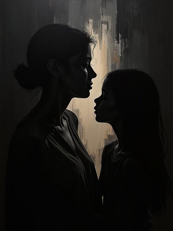 Digital oil painting on a black background. Harsh paint strokes create a cubist and unfinished look. Flat colors and dynamic silhouette design highlight a mother and daughter. Shapes resemble film negatives and convey feelings of sadness. Shadows and cubist edges evoke a narrative. Minimalistic approach focuses on emotional depth.
