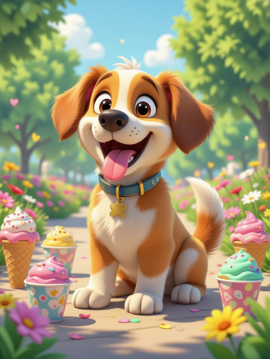 3D Pixar style dog with a happy playful expression. This cartoon character is surrounded by colorful ice creams in cones and cups. The dog has its tongue out and a wagging tail. The setting is a sunny park filled with flowers, creating a bright joyful atmosphere.