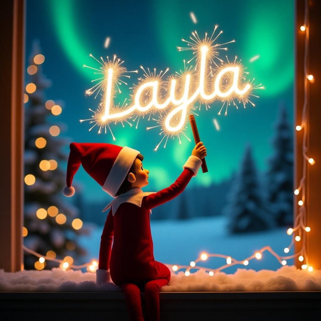 Enchanting Christmas scene featuring an elf on the shelf writing Layla with a sparkler. Elf dressed in red and white faces the sky. Backdrop showcases vibrant northern lights and snowy trees. The scene is festive and whimsical, evoking holiday joy.