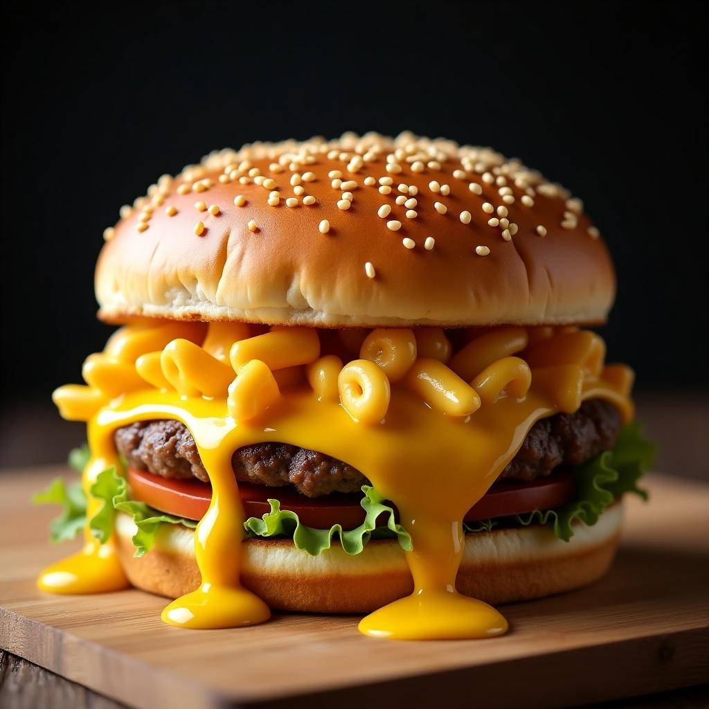 Close-up of a burger with two beef patties and mac and cheese on top. Cheese sauce is dripping down. Sesame seed bun and fresh lettuce present.