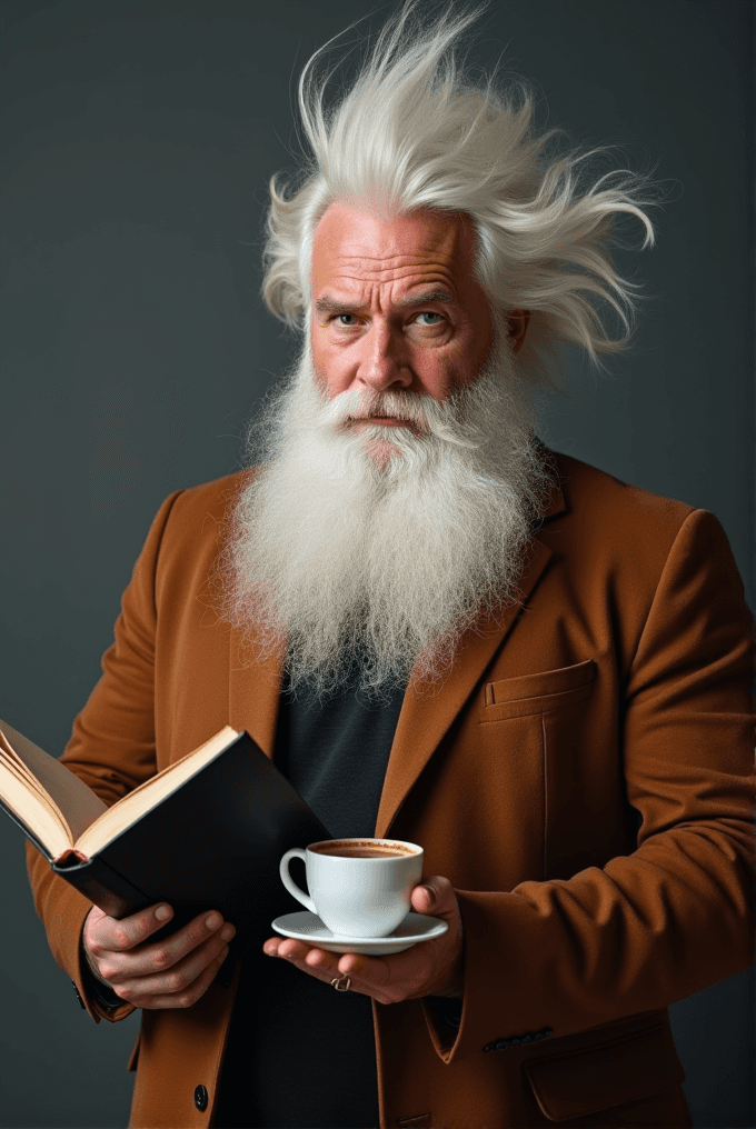 A man with wild white hair and a beard holds an open book and a cup of coffee.