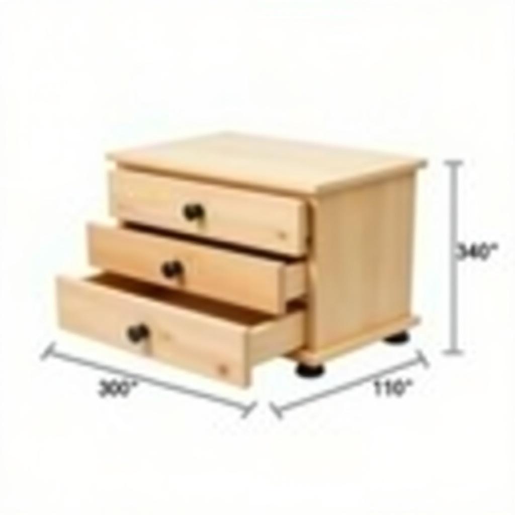 Image features a wooden box with three drawers and removable cutting board. Dimensions are 30 cm long 20 cm wide 10 cm high. Four rubber legs are included for stability.