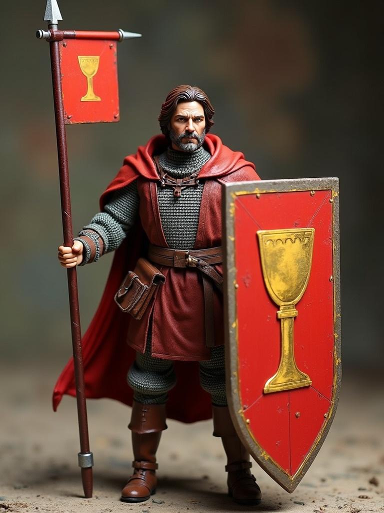 Full shot of a G.I. Joe medieval warrior retro action figure in a battle-ready pose. Warrior holds spear in left hand and large shield in right hand. Shield is red with gold border and chalice design. Warrior wears reddish-brown tunic over chainmail and brown boots. Leather pouch and straps visible. Banner with chalice design held upright beside him.