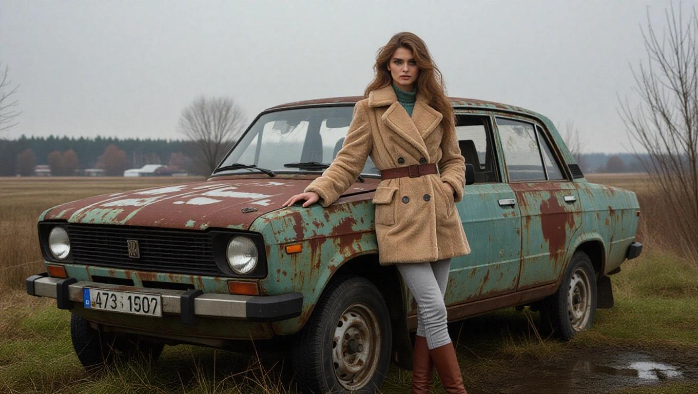 Model poses next to rusty vintage car in rural setting. Model wears a stylish coat with a belt. Dull and atmospheric background. Grass and trees surround the scene. Vehicle shows signs of wear and age.