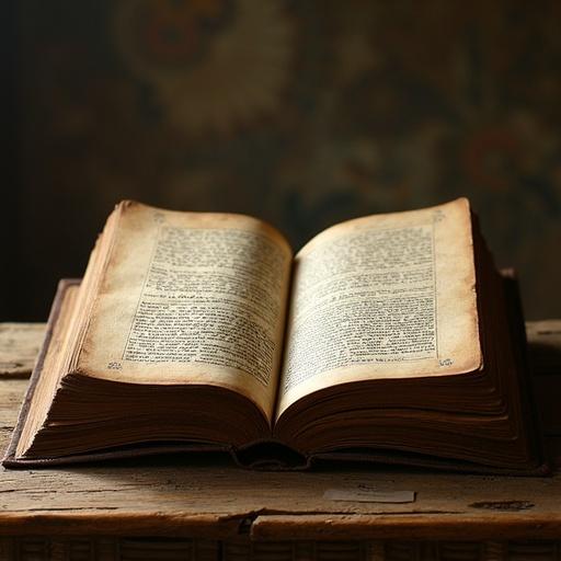 Open ancient book resting on a rustic wooden table.