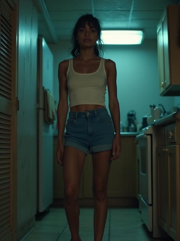 A woman with brown complexion stands in a kitchen at night. Average height and bare feet. Dark hair styled in a ponytail. Wearing blue shorts and a semi-loose white cropped tank top. The kitchen is dimly lit, showcasing a stylish futuristic aesthetic. The overall mood is cinematic and low-key, reminiscent of the Blade Runner style.
