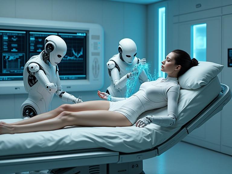 Futuristic medical lab with a sleek high-tech bed. Monitors and robotic arms surround the bed. A beautiful unconscious woman in a form-fitting white bodysuit lies on the bed. Faint scratches and bruises on her skin. Two humanoid androids scan her body with glowing instruments. Holographic vitals projected in the air. Soft ambient light with blue accents. Cinematic and dramatic composition with realistic anatomy.