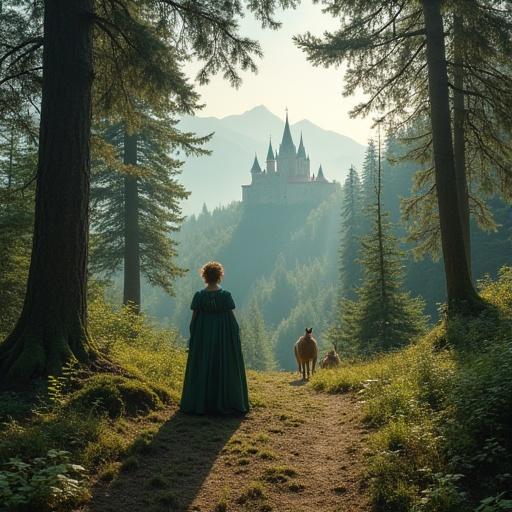 A fantasy scene set in a forest. A figure wearing a green dress stands on a path. In the background, a castle and mountains are visible. Magical atmosphere with trees and mist.