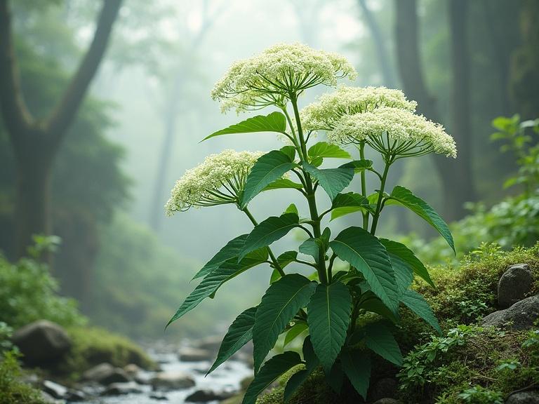 Lifelike illustration of Dong Quai in high-altitude shaded habitat. Plant stands 3-4 feet tall with hollow, grooved, hairy stems. Bipinnate leaves are large, triangular, and lobed in jade-green. Umbrella-like clusters of tiny greenish-white flowers bloom. Misty mountainous woodland setting with moss-covered stones and ferns. Soft light filters through tree canopy. Dew or humidity adds sheen to leaves.
