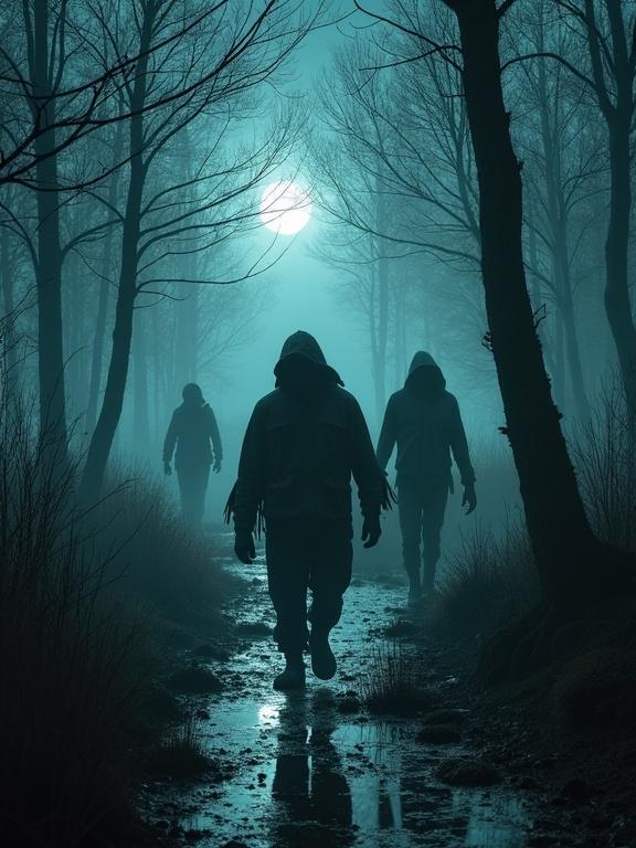 Silhouettes of multiple figures wearing hoods walking through a dark, foggy swamp at night with a glowing moon in the background.
