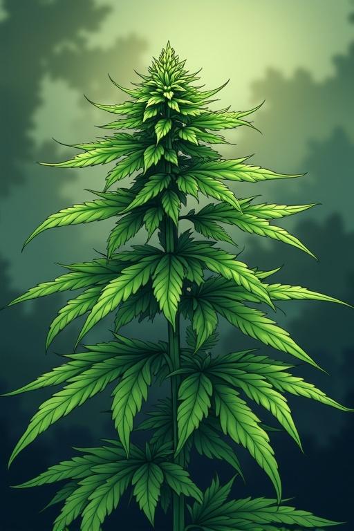 Cartoon cannabis plant featuring lush green leaves and budding flowers set against a smoky background.