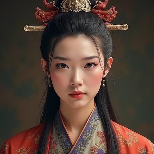 Close-up shot of a female Chinese warrior from the Qing dynasty. Focus on her expressions and traditional attire. Highlight the intricate headdress and details of her costume.