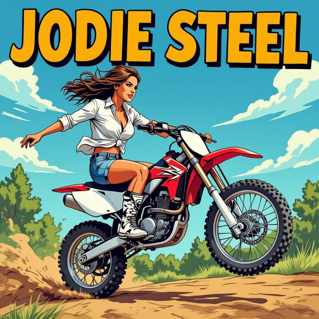 Dynamic comic-style illustration of young woman riding off-road motorcycle. Confident female in white shirt and denim shorts. Performing a wheelie with sun and clear blue skies.