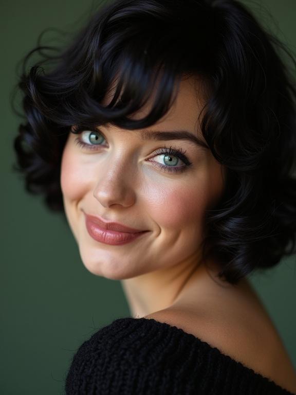 Extreme close up macro portrait with heavy film grain of Hazel Bellerose tilting head to the right. Beautiful 30-year-old French Italian pinup model with short black hair draped over one eye in bouncy waves. Camera is close to piercing turquoise eyes. She has large pillowy lips in a shy smile and wears a partially off the shoulder black knit sweater.