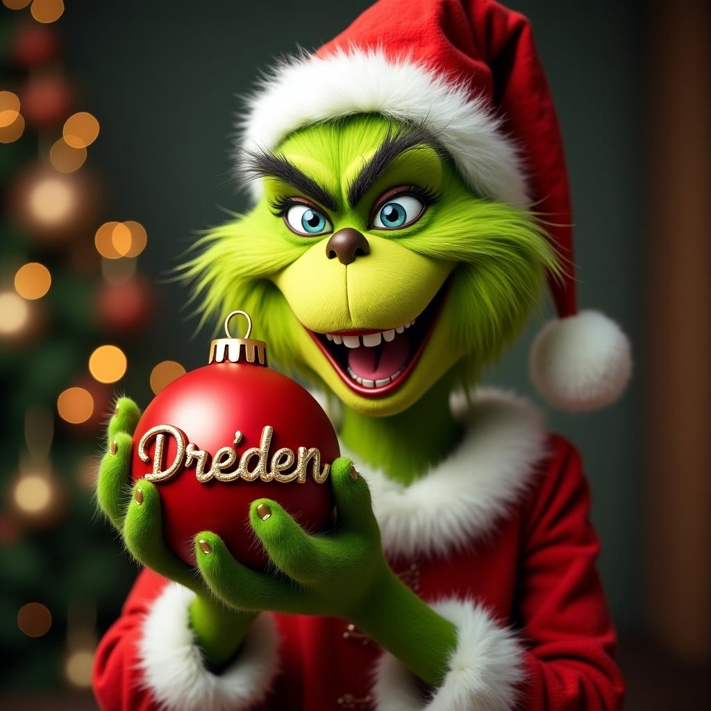 The Grinch smiling while holding a Christmas ornament with the name Dre’den in gold.