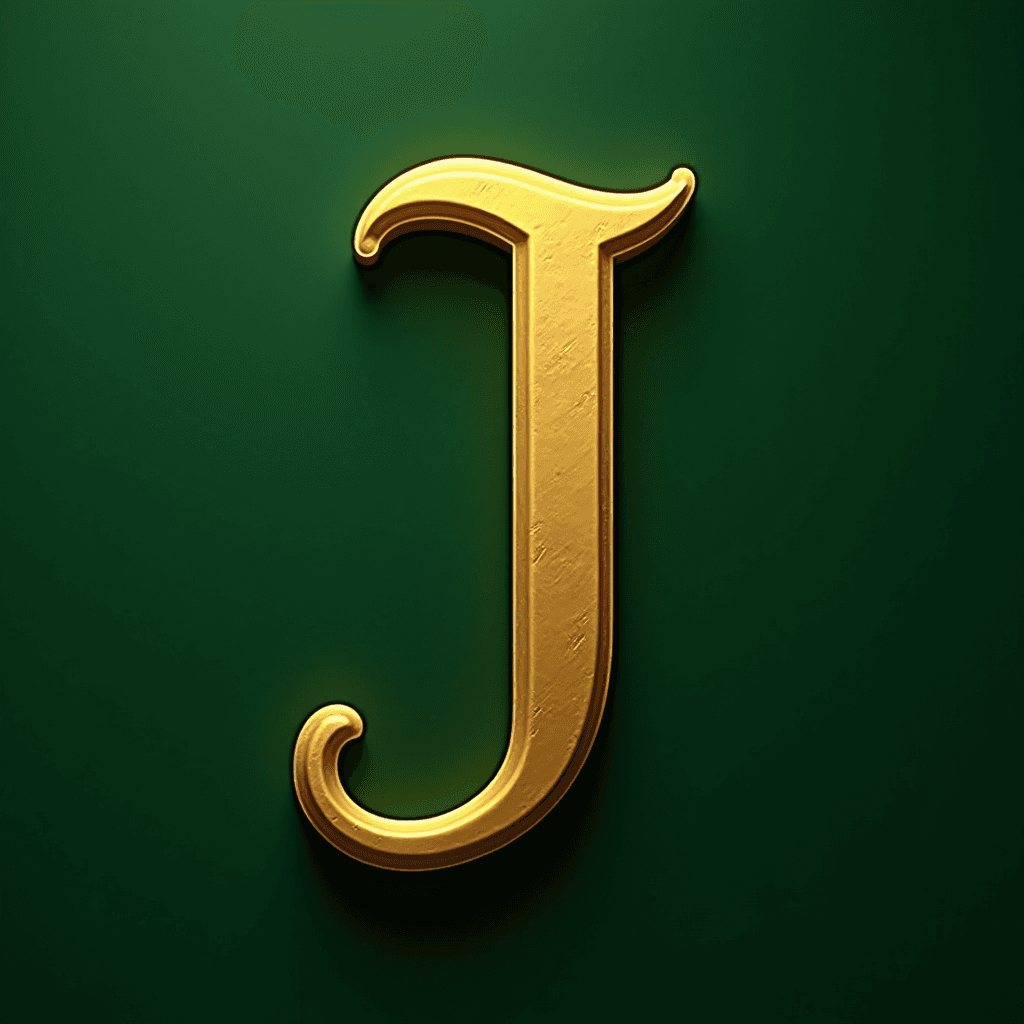 A shiny gold letter 'J' stands prominently against a rich green background, creating a luxurious contrast.