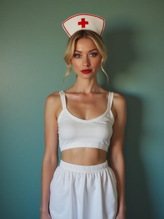 Nurse themed photo with model in crop top and skirt. Model has a nurse hat and stands against a light blue wall. Soft lighting highlights the subject.