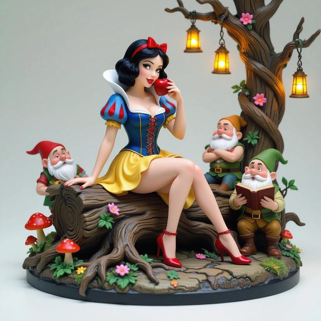 Ultra detailed resin figure of Snow White on a log with roots and flowers. One leg crossed. Tight dress with corset and miniskirt. Red apple near lips. Black hair with red ribbon. Three dwarves around. One sleeping. Another looks angrily. Last one reads a book. Base with glowing mushrooms and lanterns.