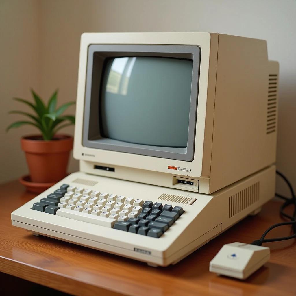 A retro computer from 1990 with keyboard monitor on wooden table.
