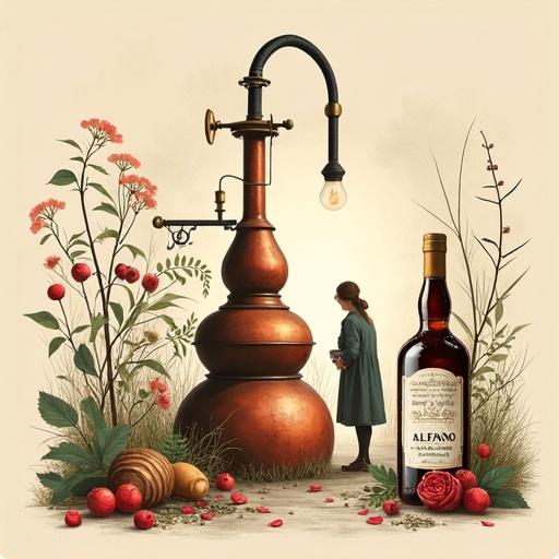 Minimalist style artwork featuring a modern copper still in an alchemist laboratory. Set in a lush herb garden with a beige background. The scene includes blooming wormwood, sloe berries, rose hips, and other wild motifs. A woman is seen in the distance collecting herbs. Prominent in front is a lower apothecary-style bottle with distinct typography.
