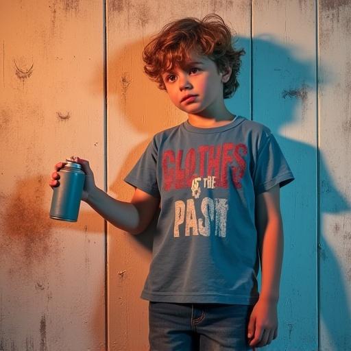 A 7 year old boy stands next to a wall. He wears a shirt with a print. He holds a spray paint can. The wall features text that reads 'clothes of the past'.