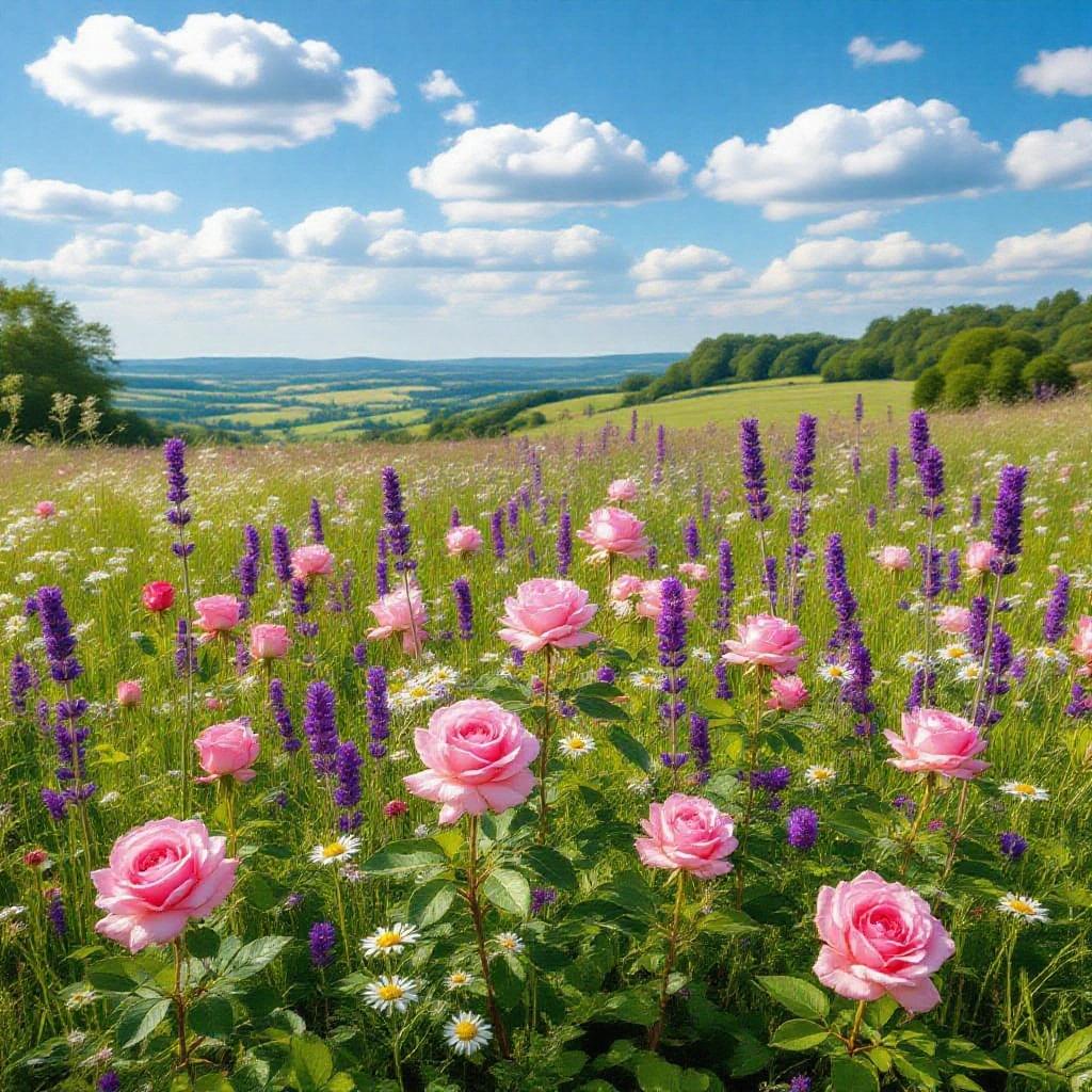 A lovely spring meadow filled with pretty pink roses, lavender flowers, and daisies under a bright blue sky with pink and white clouds.