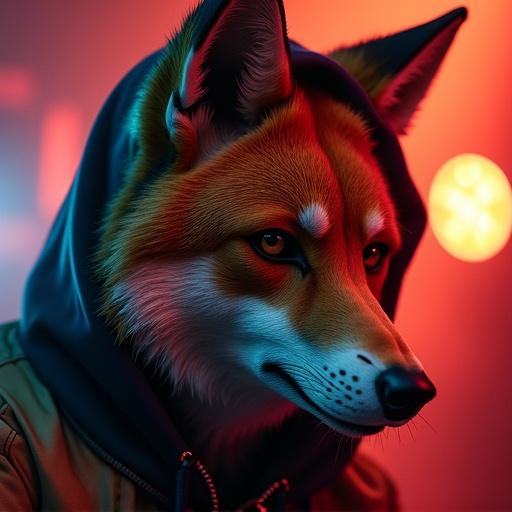 Closeup of a rapper wearing a fox mask. Detail on the mask's features. Soft lighting with neon colors in the background.