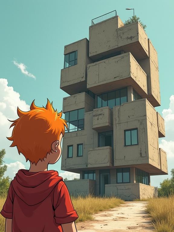 A red-haired boy with curly hair looks at an iconic brutalist concrete building. The setting has bright clear skies and grass surrounding the path leading to the building.