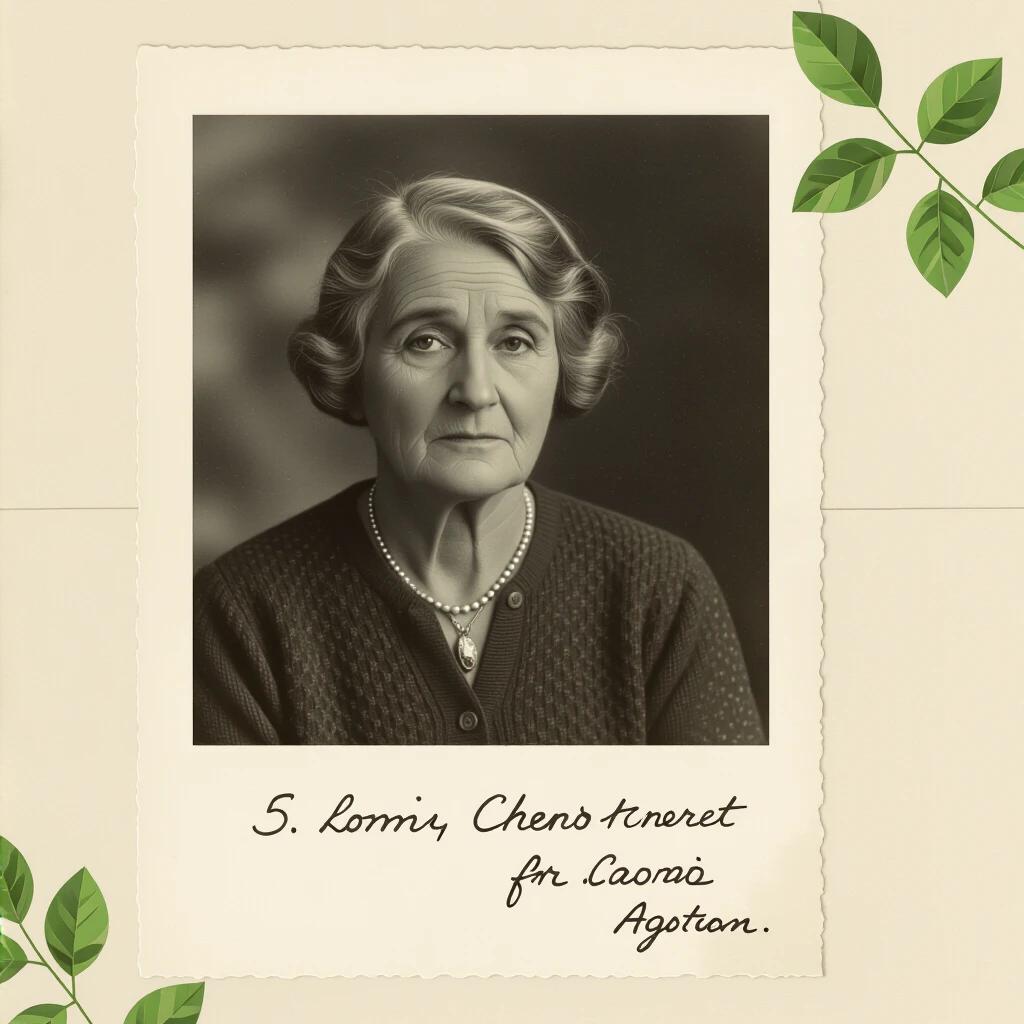 A vintage photograph depicting an elderly woman with wrinkles and a sad expression looking at a picture of a young man. She is sitting on a swing in a garden. The lighting is dramatic. The image has an old appearance while retaining clarity.