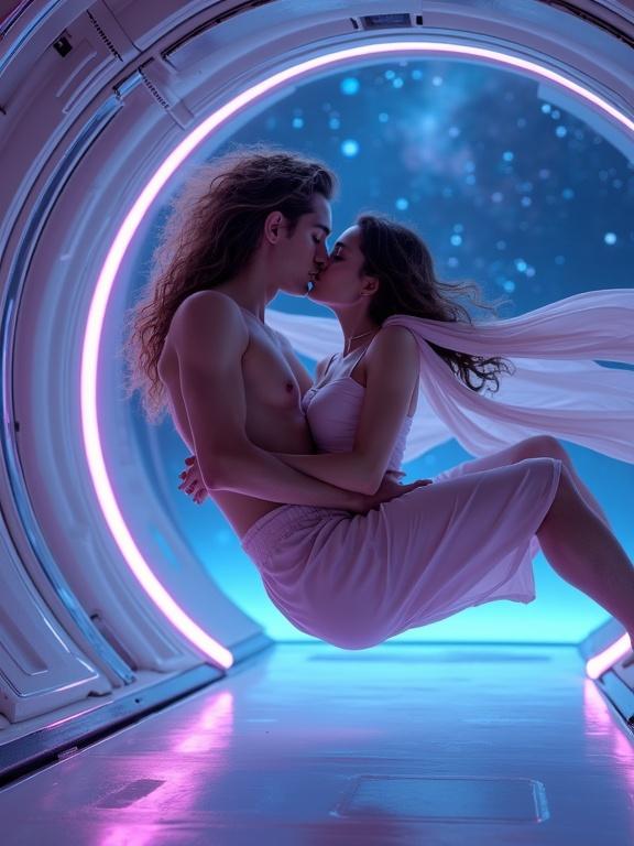 Luxurious zero-gravity lounge inside a high-end spaceship with a young man and woman floating weightlessly in an intimate embrace. Hair and clothes drift softly in slow motion. Soft ambient neon lights in purple and blue reflect off chrome surfaces. A large window shows stars and nebulae. Silk scarves float around them. Deep space silence. Sensual and dreamy atmosphere with cinematic lighting and soft shadows. Realistic anatomy and details.