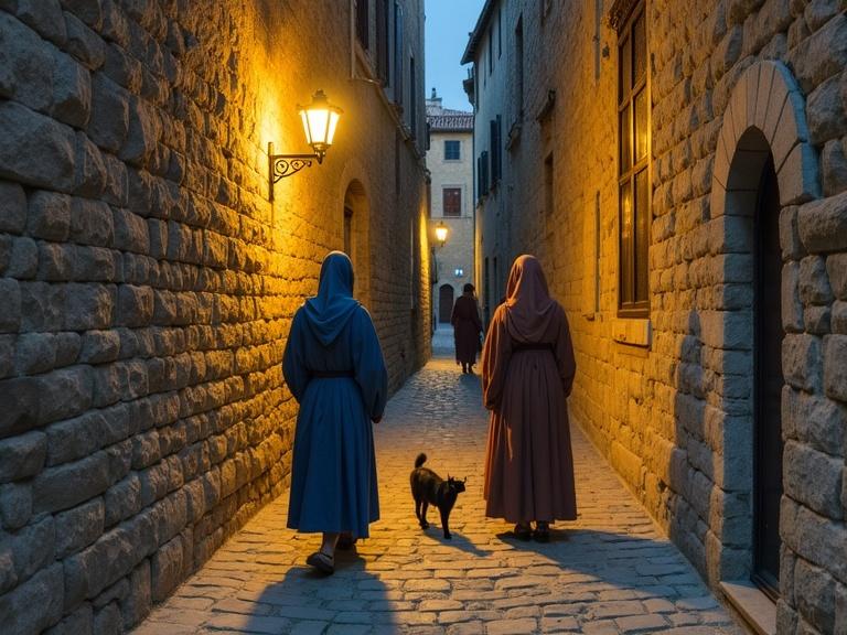 Narrow cobbled street in 13th century Rome lit by torchlight. Figures in indigo and russet robes walking past flickering stone walls. Shadows of cats slipping through the alleys. Late 15th century illuminated manuscript style. Tempera and shell-gold on vellum with flat medieval perspective. Fine brown-ink outlines and subtle parchment texture.