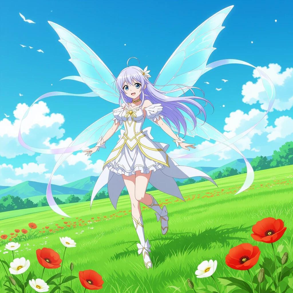 A fairy in a white dress with wings is flying joyfully through a sunny landscape with vibrant flowers and a clear blue sky.