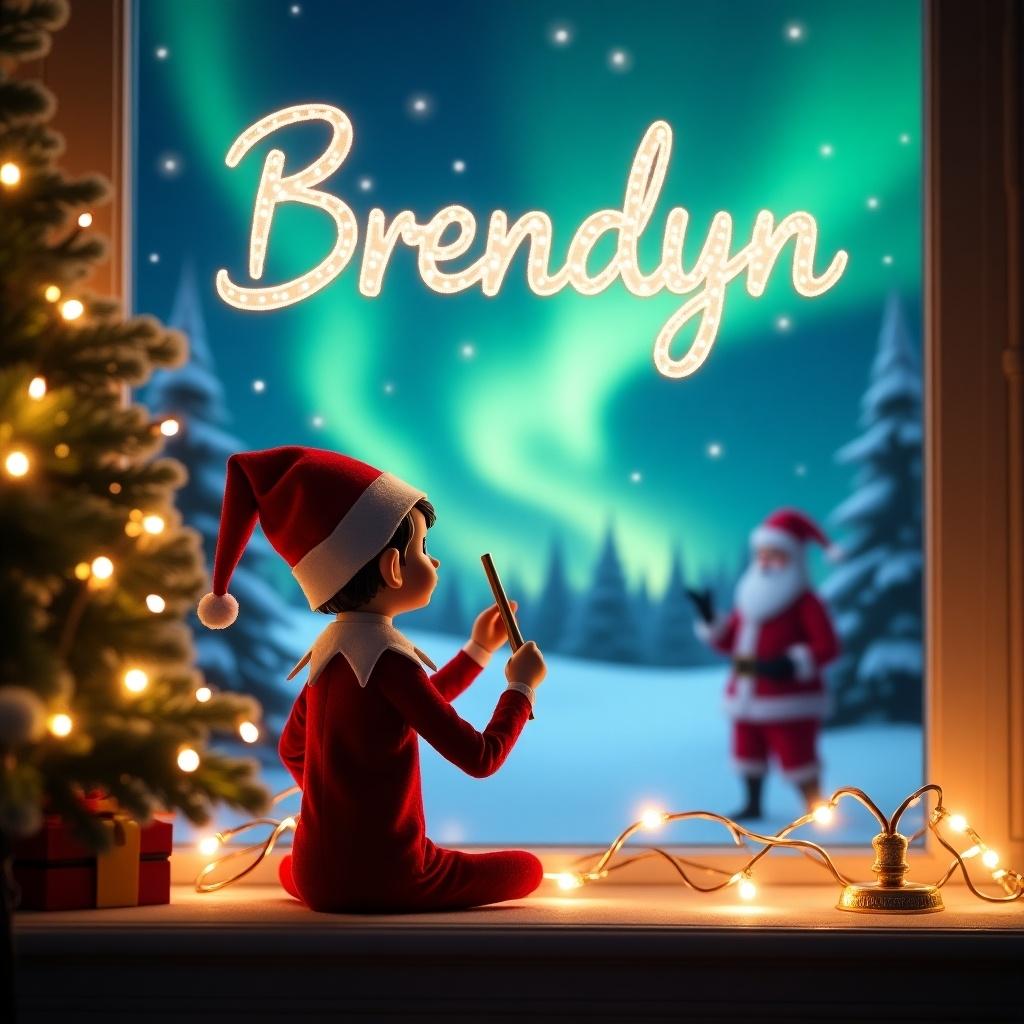 This enchanting image features an Elf on the Shelf positioned with his back towards the viewer, gazing out a window at a magnificent display of the northern lights. The elf is elegantly using a wand to write 'Brendyn' in the starry sky, while a joyful Santa can be seen in the snowy background. Adorned with twinkling fairy lights and a beautifully decorated Christmas tree, the scene exudes a warm and festive atmosphere. The colors are vibrant and inviting, making it a perfect representation of holiday magic. This delightful portrayal reflects the joyous spirit of Christmas and the tradition of the Elf on the Shelf.