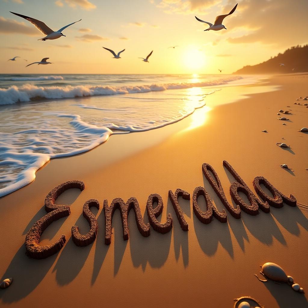 Name 'Esmeralda' written in sand at the beach during sunset with ocean waves and birds in the sky.