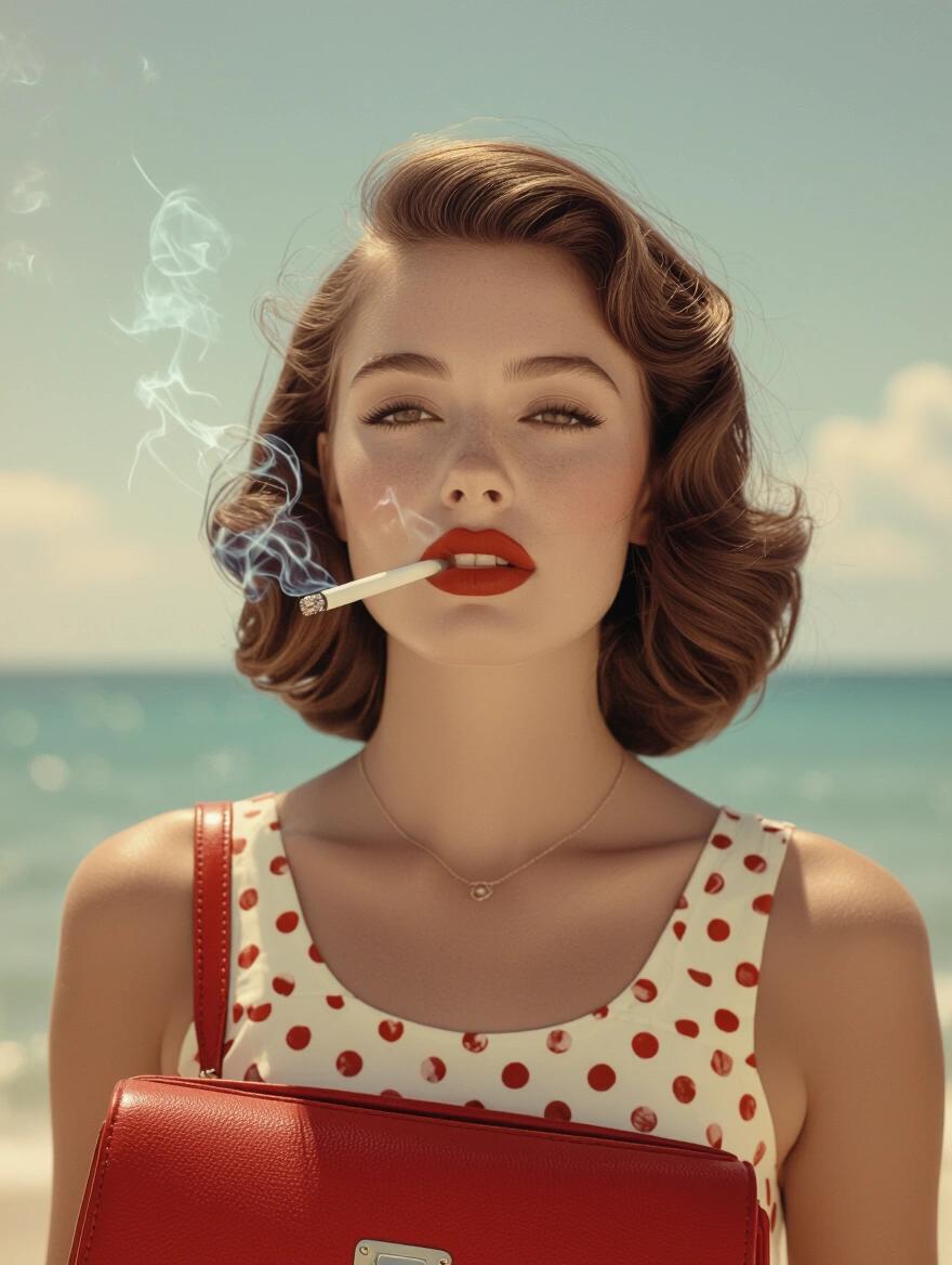 Hyper realistic photo captures vintage summer vibes. Woman from the 1940s wearing a polka dot dress. Unlit cigarette in hand. Red bag accessory. Sea in the background. Shot in sepia old photo format. Waist shot composition.
