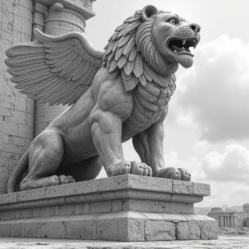 Monumental stone guardian beast. Similar to Assyrian Lamassu or mythical winged lion. Integrated into facade of ancient temple ruin. Hyperrealistic pencil sketch. Monochromatic. Creature has powerful lion's head. Roaring expression. Intricately carved mane and feathers. Massive paws resting on stone platform. Body forms part of architectural structure. Detailed carvings and armor-like segments. Surrounding stonework features complex bas-reliefs. Bright, slightly overcast sky in background. Emphasis on immense scale and forgotten power. Dynamic composition and intricate detail.