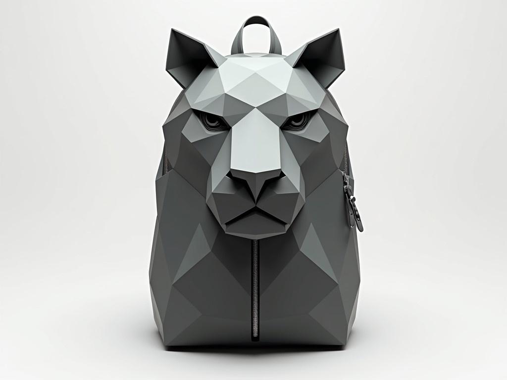 The image showcases a unique backpack designed to resemble a lion's face, created with a geometric and angular aesthetic. The backpack is primarily in shades of gray, emphasizing a modern and artistic approach to functional design. Its features include pointed ears, intense eyes, and a zipper that runs down the middle, mimicking the lion's mouth. The edges and angles are sharp, giving it a three-dimensional appearance, while the straps are positioned to allow for easy carrying. The background is minimalistic, enhancing the focus on the backpack's intricate details and textures.