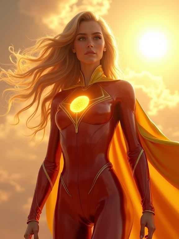 Solaria as a powerful superheroine with golden-blonde hair. She wears a crimson red superhero suit with a sun emblem. A golden cape flows behind her. She stands with confidence against a sunlit sky.